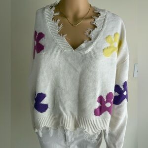 Fun V-Neck Distressed Floral Sweater in White